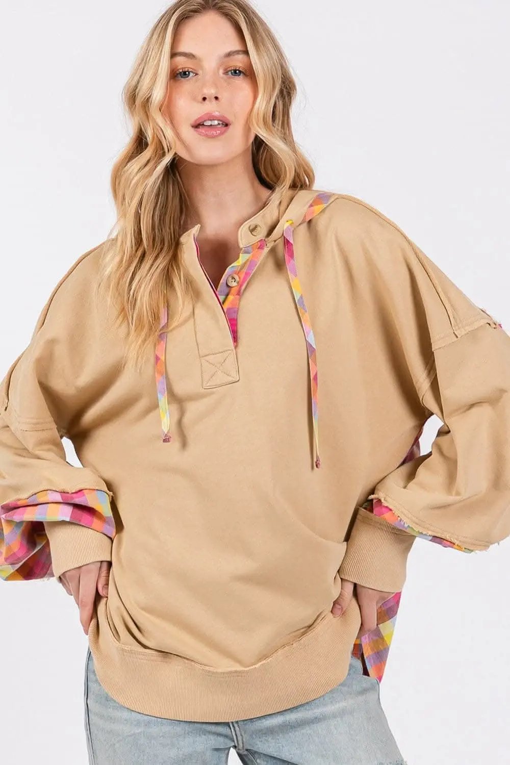 SAGE + FIG Full Size Plaid Print Washed Hoodie - Love Salve